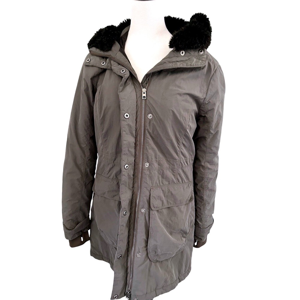 Athleta Gray District Primaloft Hooded Parka Jacket with Faux Fur Trim Size S